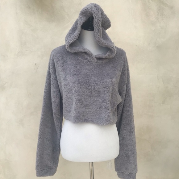 Cropped Fuzzy Sweatshirt NWOT Gray - Picture 4 of 8